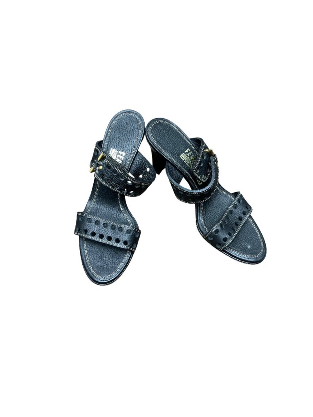 Salvatore Ferragamo Black Leather Studded Heeled Sandals Sz 6.5